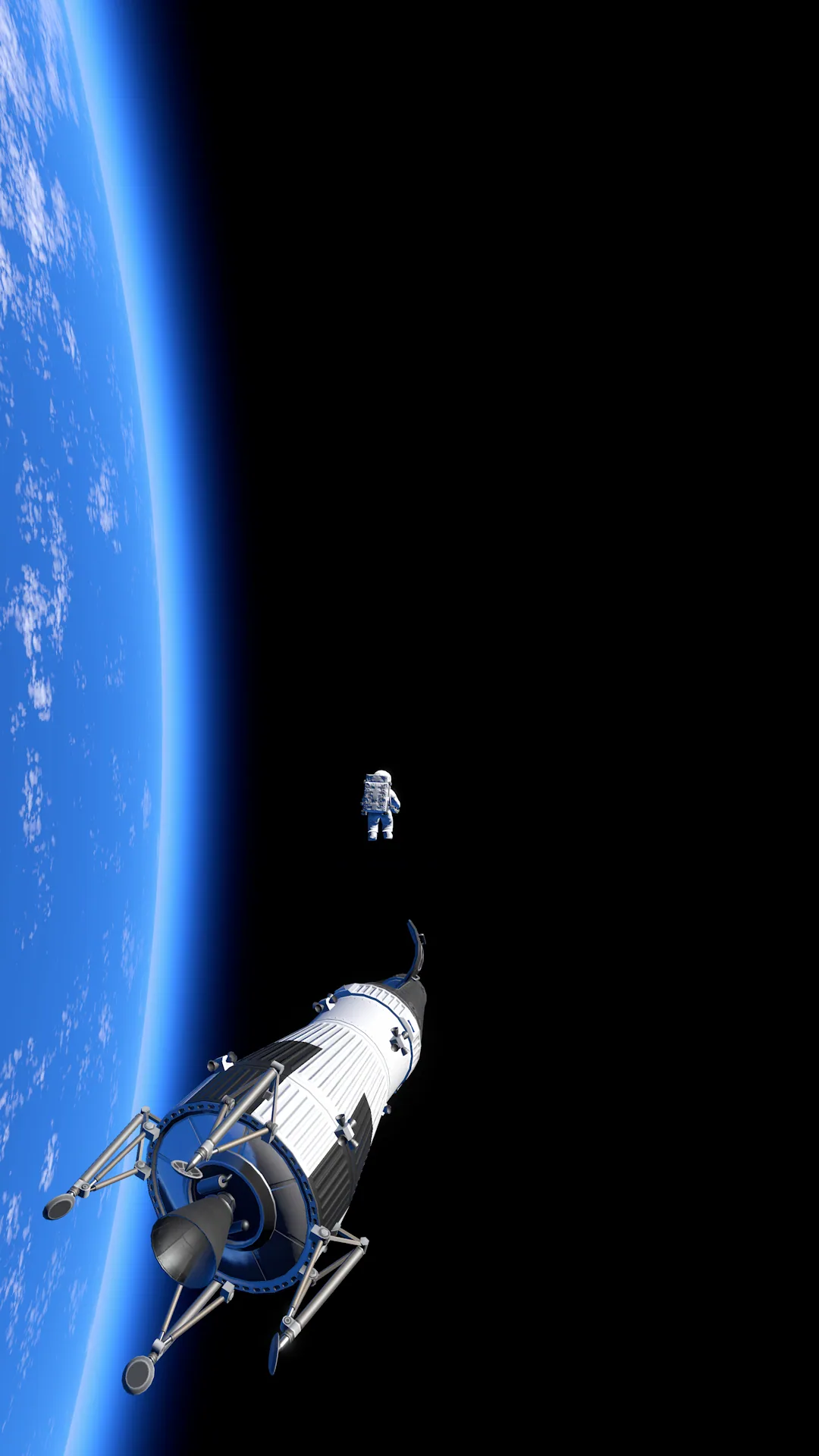 Zoomed out astronaut on an EVA with the rocket and Earth visible